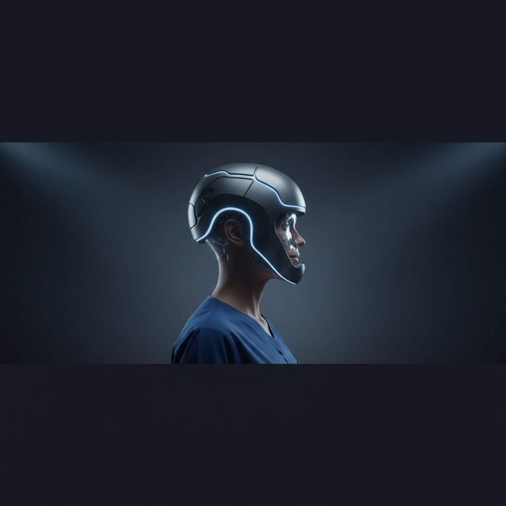 rTMS-style helmet device with soft pale blue glow