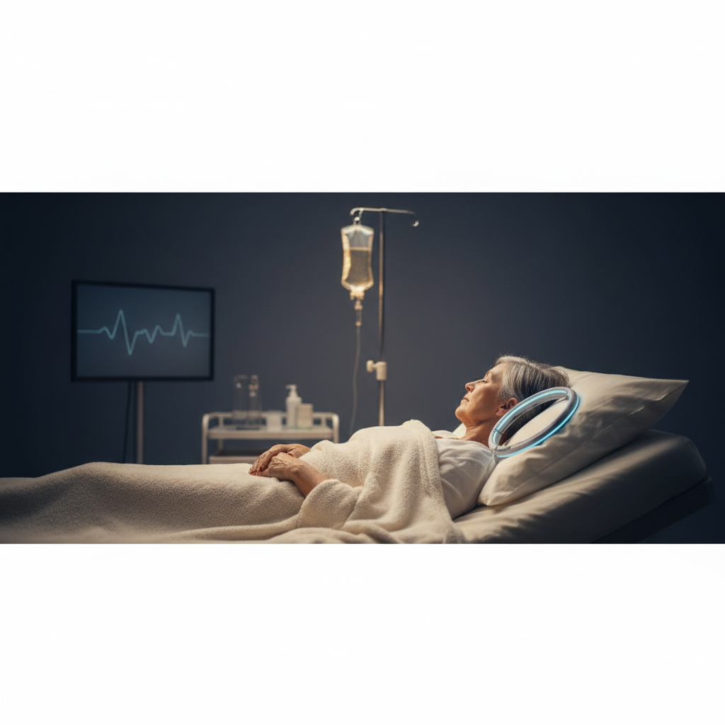 Patient in recovery with PEMF cap-style applicator